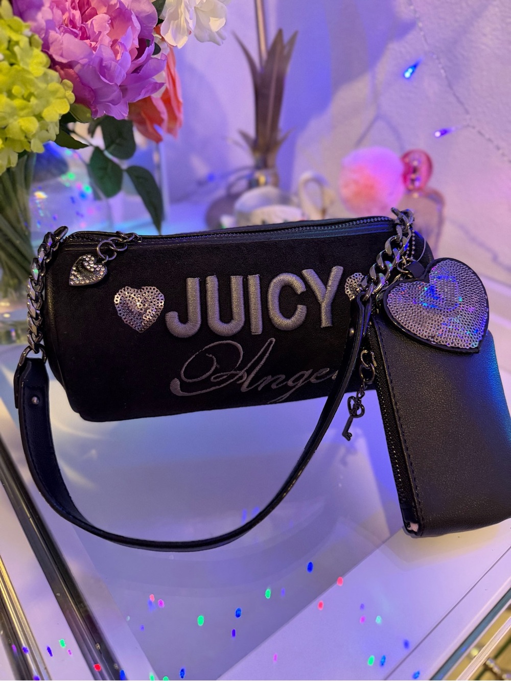 Juicy Couture Juicy Angel Barrel Shoulder Bag Heart key charm sequin NWOT